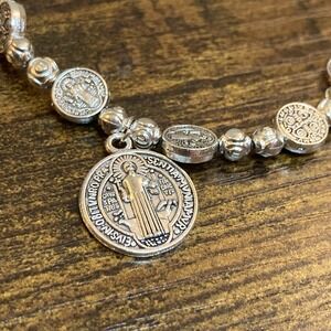 St Benedict Silver Tone Stretch Rosary Bracelet OSFM